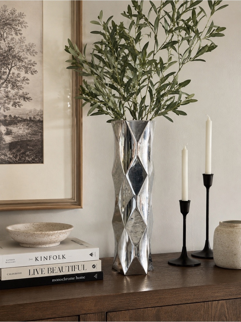 Nambe Metalic Silver Geometric Tall Vase - Elegant Home Accent